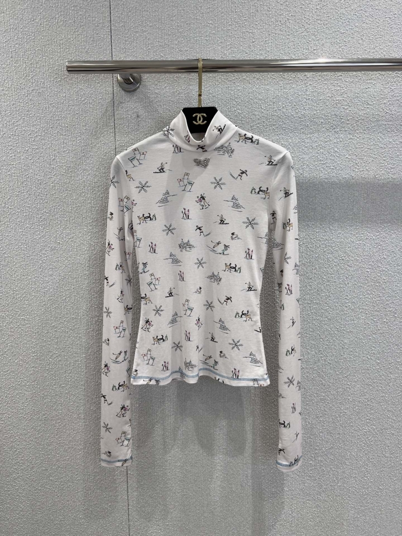 Chanel White Ski Print High Neck Top