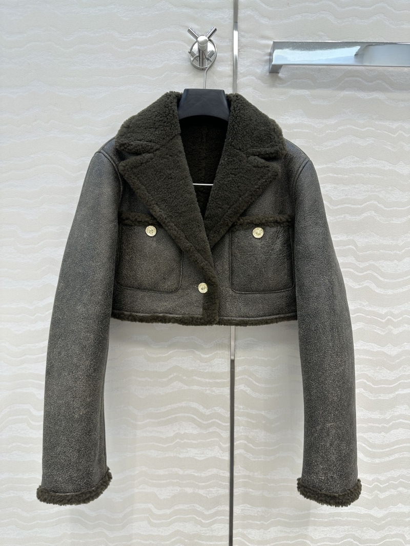 Chanel Limited Edition Distressed Turkish Shearling Cropped Aviator Jacket in Distressed Black/Olive