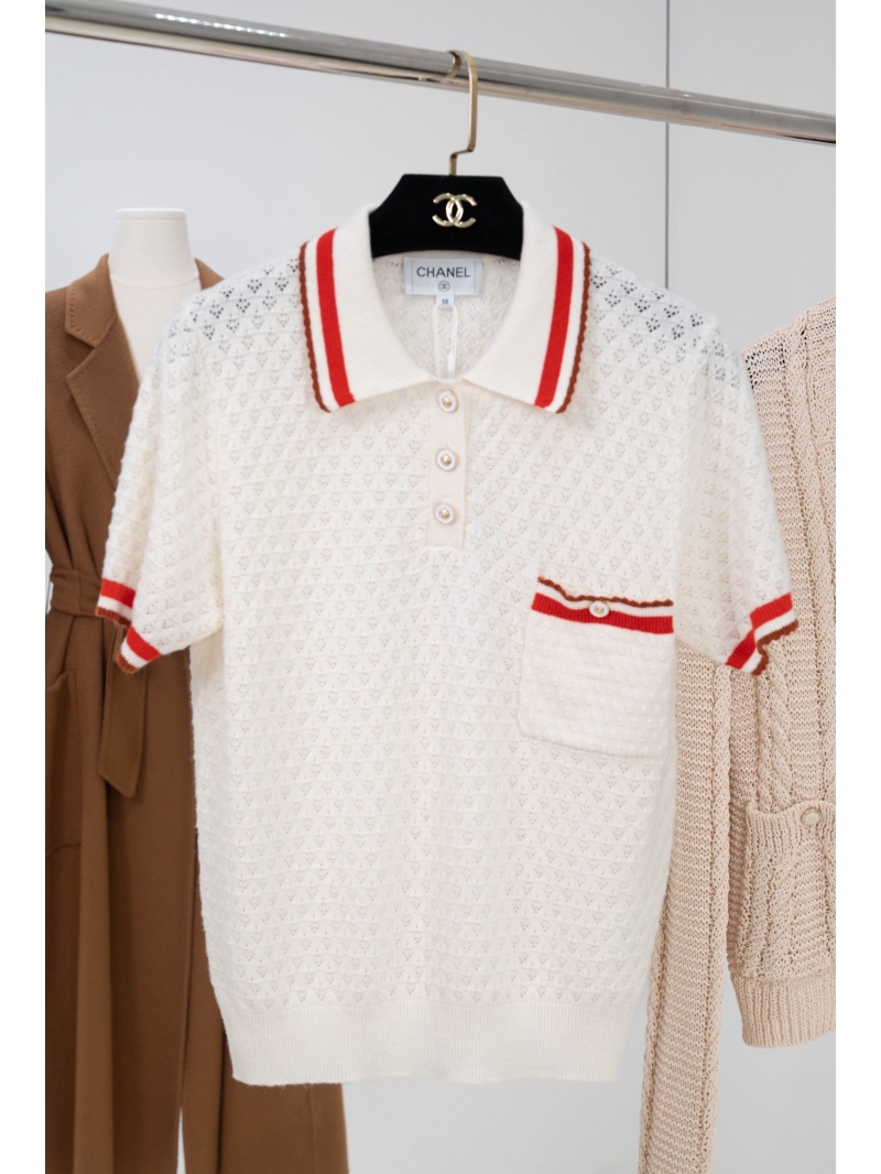 CHANEL Exquisite Silk Blend Knitted Polo Sweater in Ivory with Signature Red Trim
