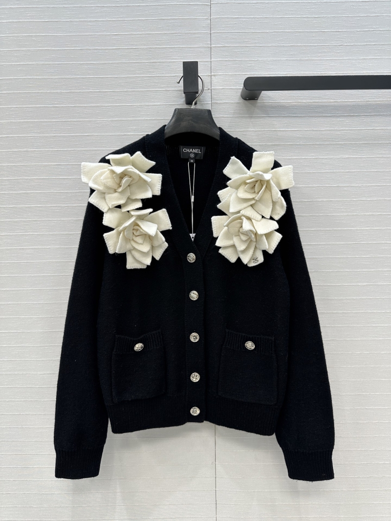 Chanel Limited Edition Cashmere Blend Cardigan with Exquisite 3D Camellia Embellishments (Black/White)