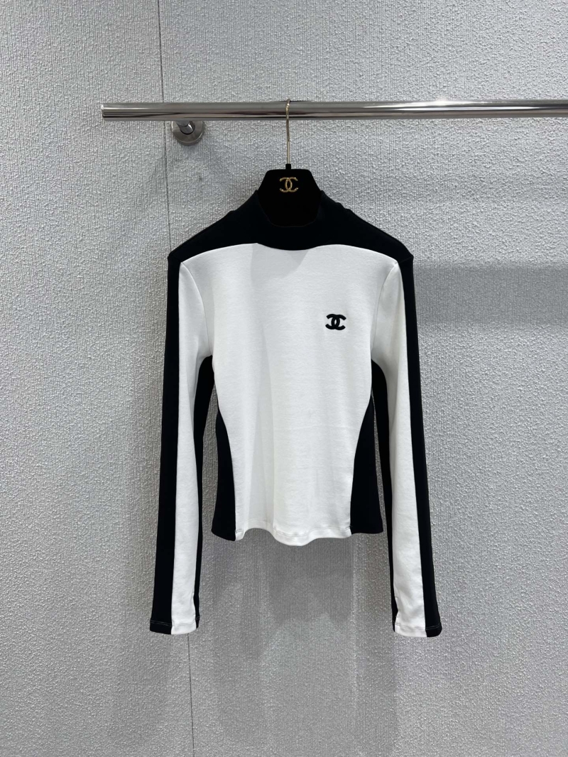 Chanel Color-Block Mock Neck Top, Signature CC Embroidery, High-Stretch Knit, Black & White