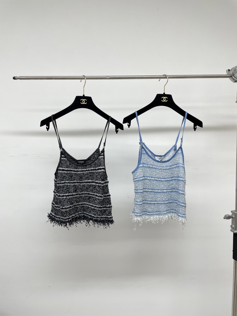 Chanel Textured Knit Fringed Camisole Top in Sky Blue and Charcoal