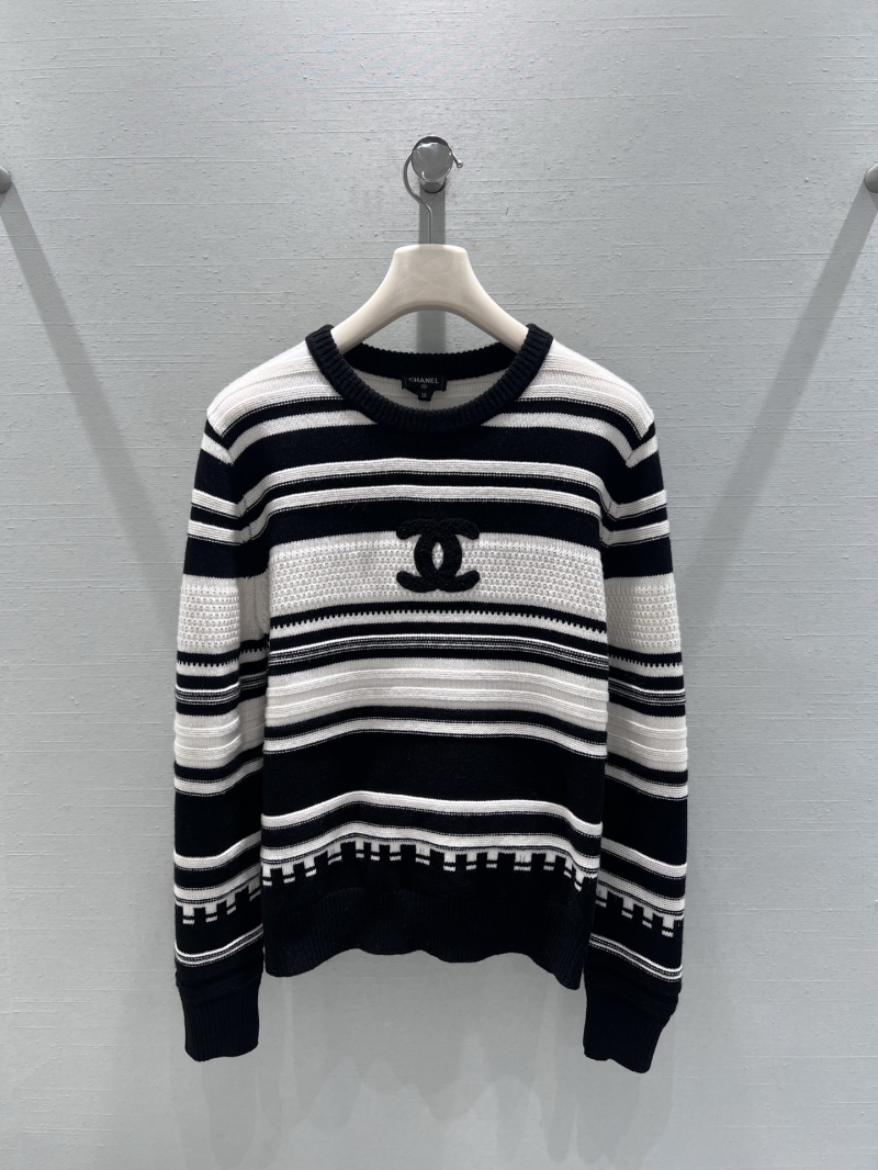 Chanel 2026SS Geometric Stripe Pullover Sweater - Monochrome CC Logo Knit