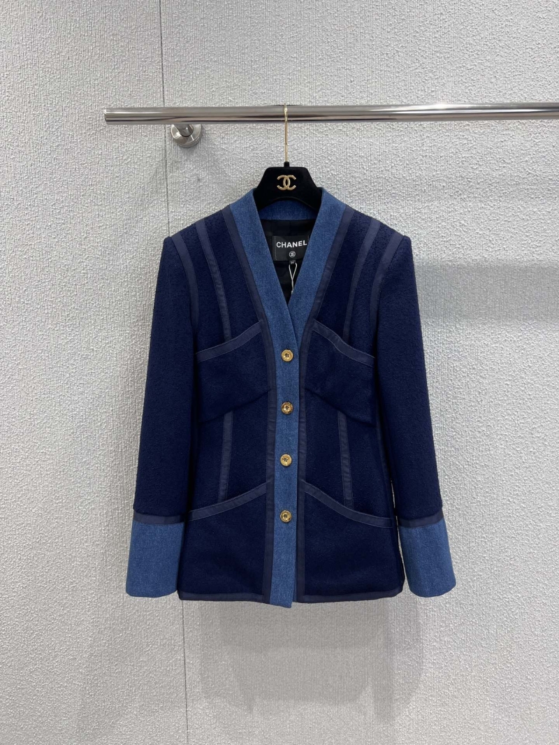 Chanel Vintage Denim Patchwork Wool Tweed Jacket in Deep Sea Blue - Signature Gold Button Detail