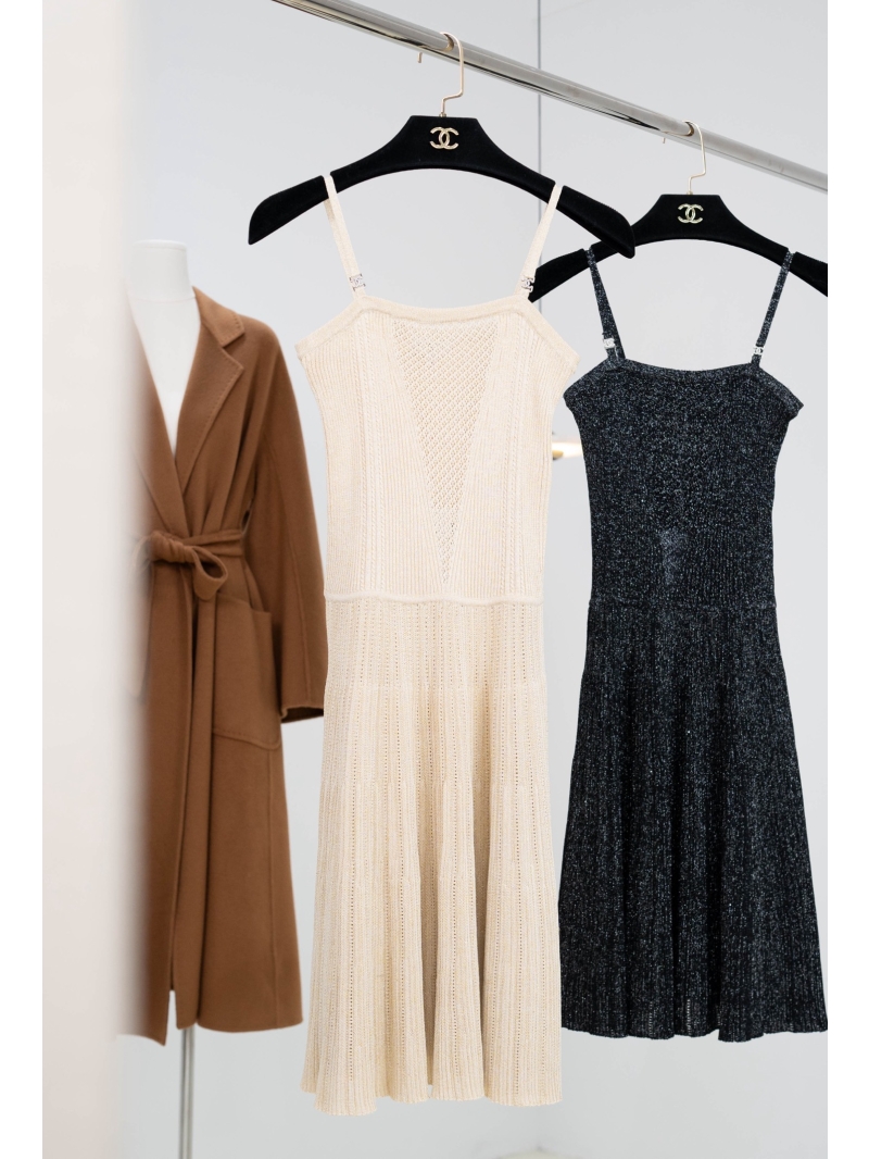 Chanel Signature Knit Camisole Dress with CC Logo Straps - Beige