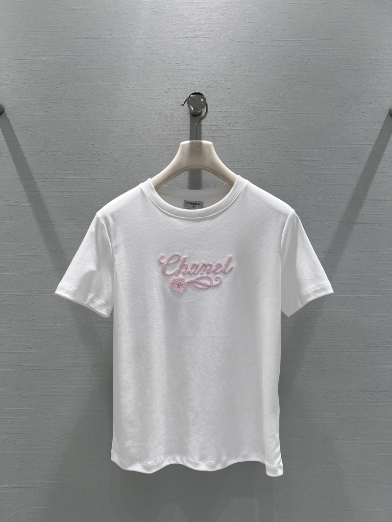 Chanel Camellia Embroidered Short Sleeve T-Shirt in White and Pink