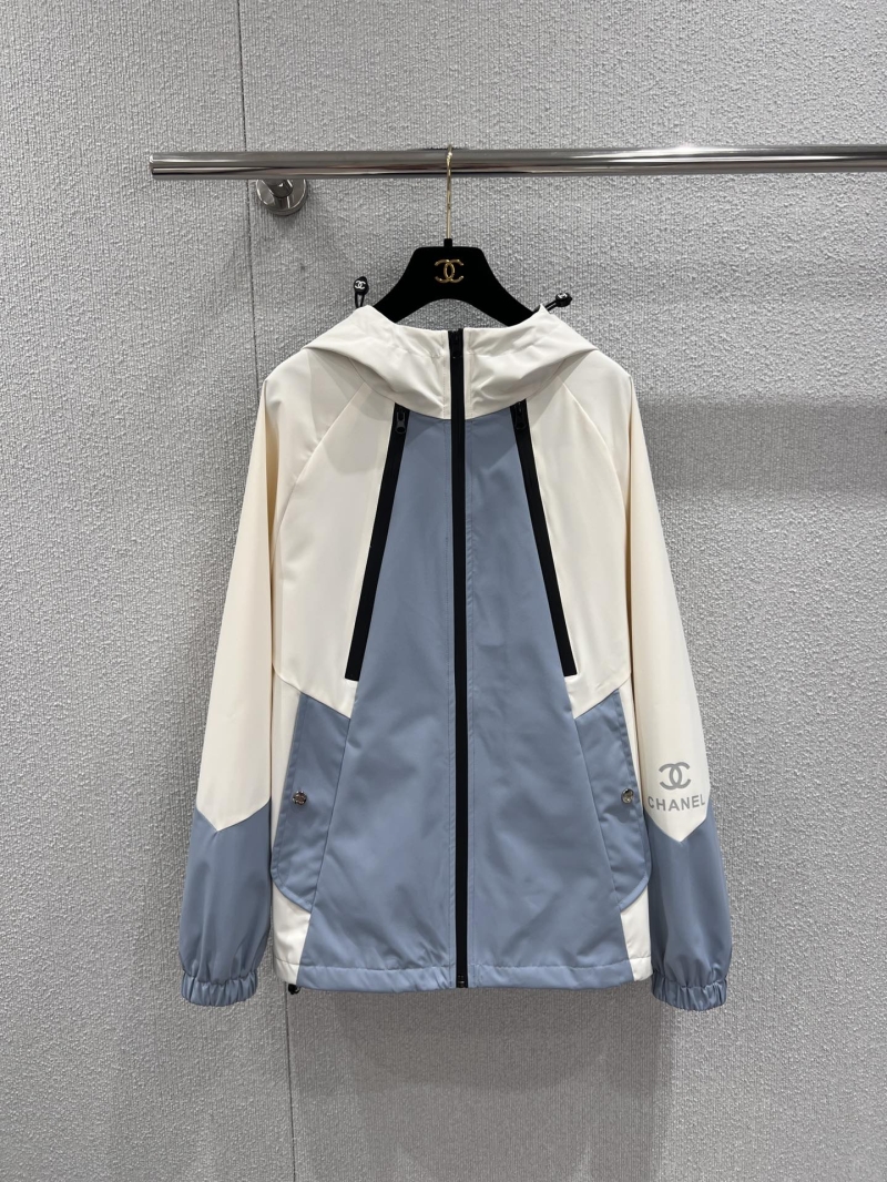 Chanel Misty Blue & Milk White Color-Blocked Hooded Windbreaker Jacket