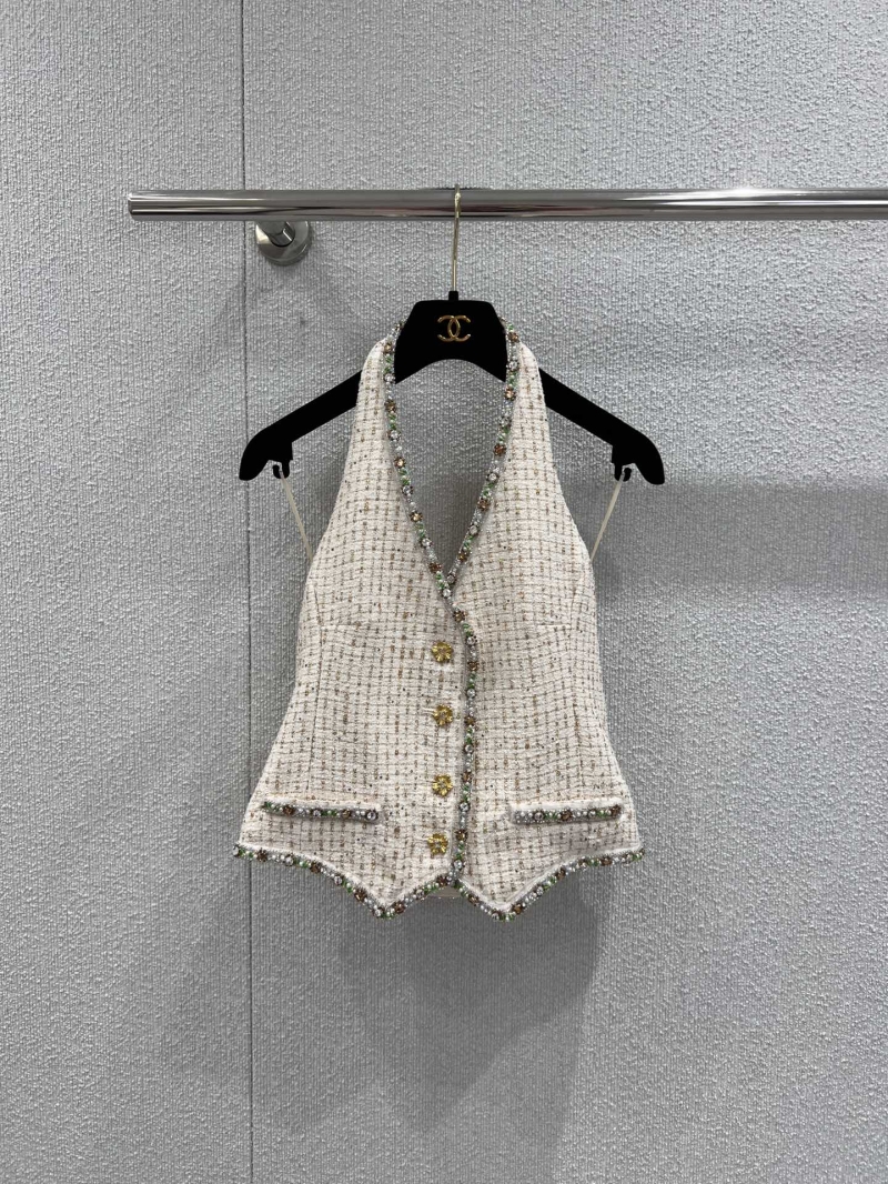 Chanel Tweed Halter-Neck Vest with Multi-Colored Rhinestone Trim