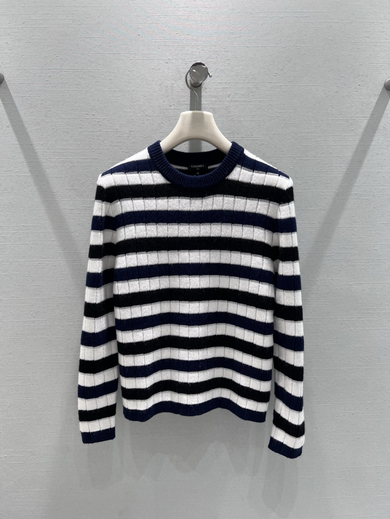 Chanel Striped Ribbed Knit Crewneck Sweater in Navy and White