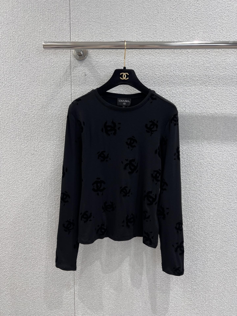 Chanel 25B Metiers d'Art Signature Double C Flocked Knit Long Sleeve Top Black