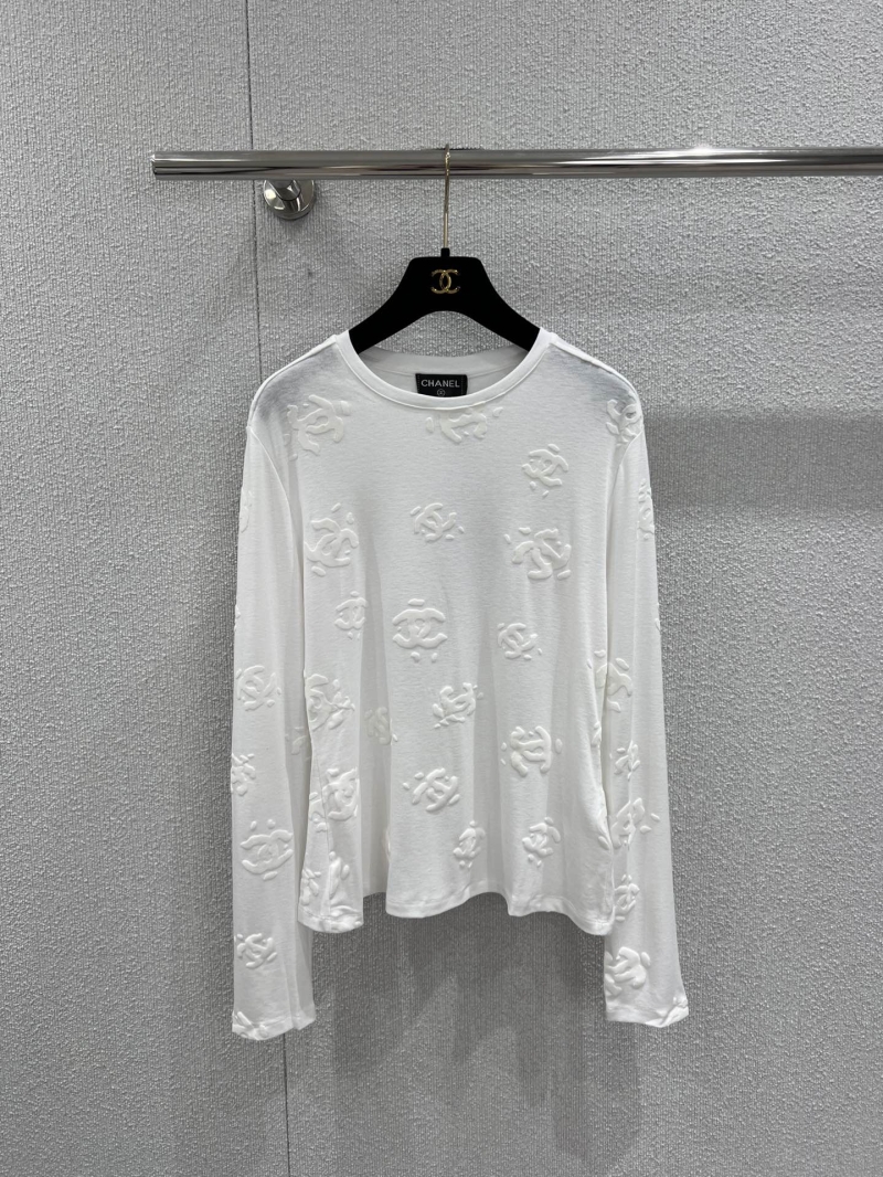 Chanel Flocked Double C Logo White Long-Sleeved Knit T-Shirt