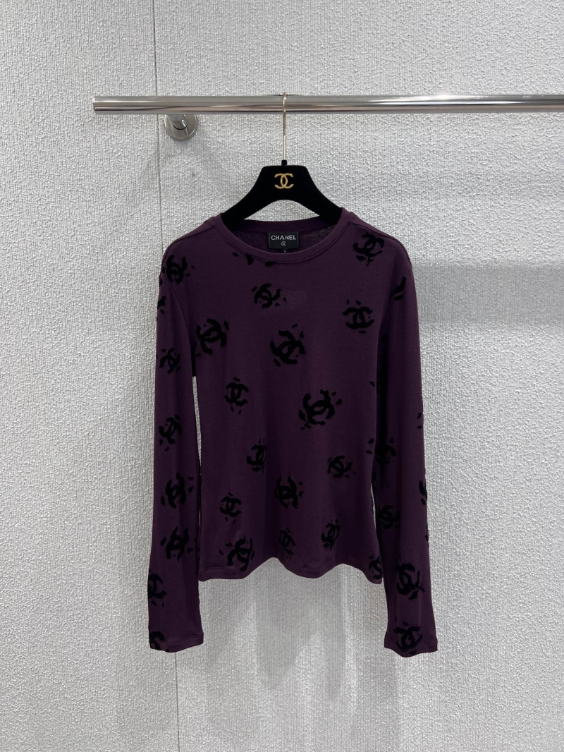 Chanel Double C Flocked Long-Sleeved Knit Top in Deep Plum