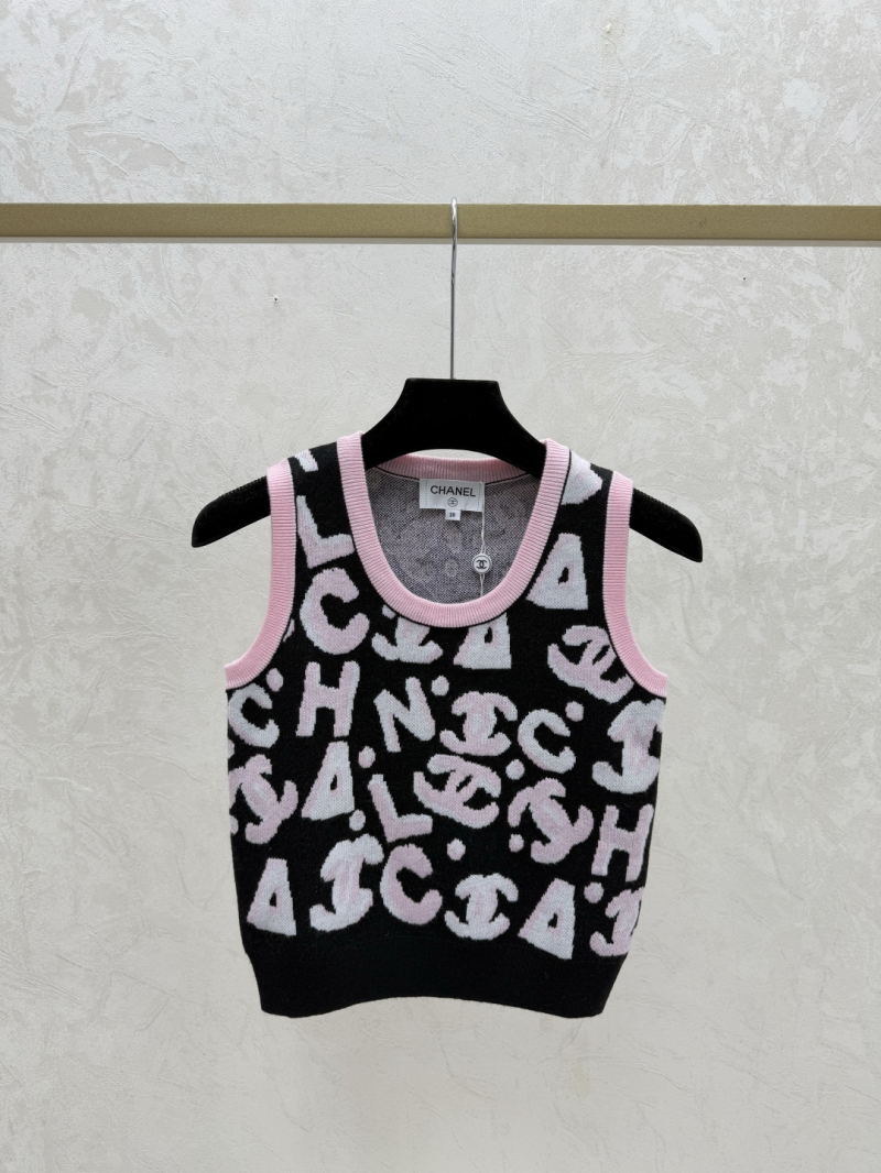 CHANEL Exquisite Black Knit Sleeveless Top with Signature Graffiti Logo Pattern and Luxe Pink Trim