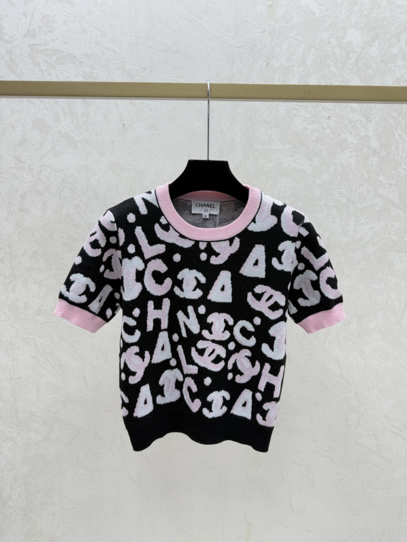 Chanel Opulent Black Jacquard Knit Top with Signature CC Logo Pattern and Pink Trim