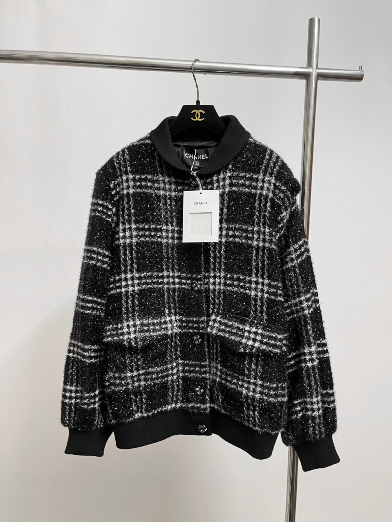Chanel 2026 Unisex Exquisite Monochrome Plaid Tweed Bomber Jacket | Signature Luxury Outerwear