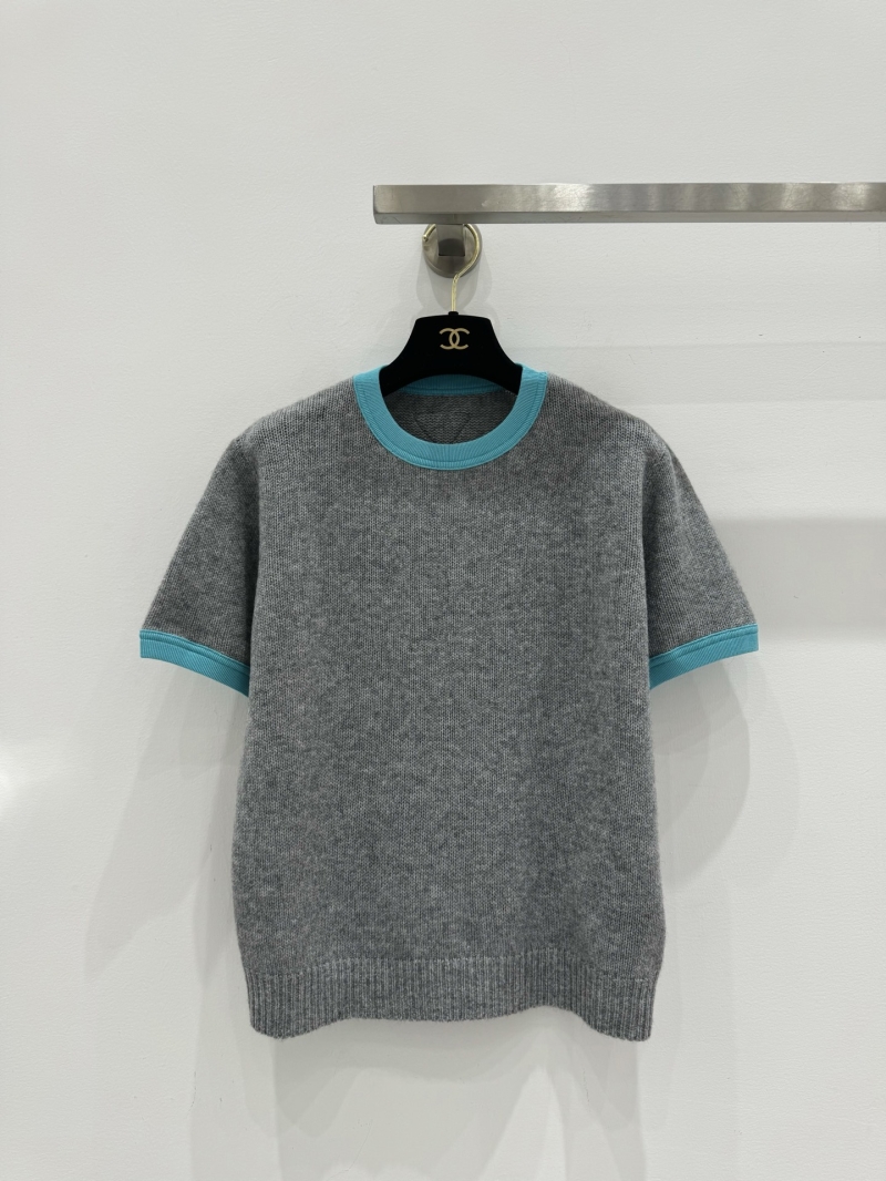 Chanel Short-Sleeved Cashmere Knit Top with Contrast Trim