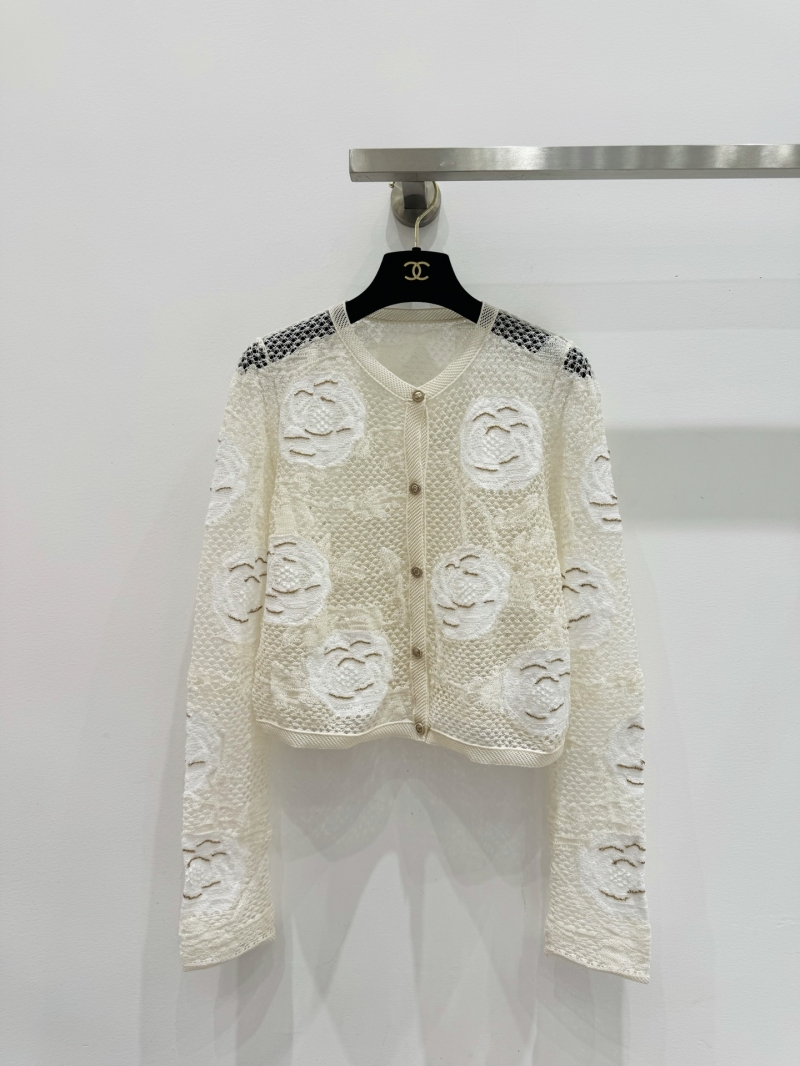 Chanel Camellia Jacquard Openwork Cardigan in Ivory White
