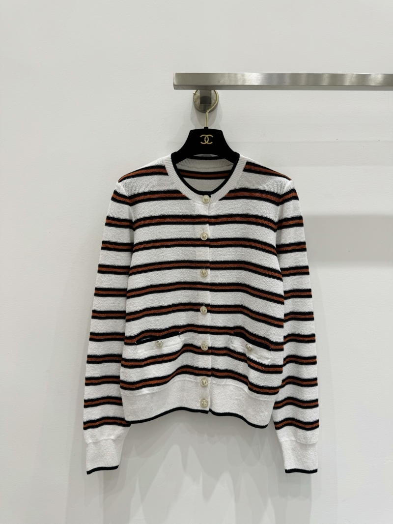 Chanel Striped Round Neck Knit Cardigan with Gold-Tone Buttons - White/Black/Copper