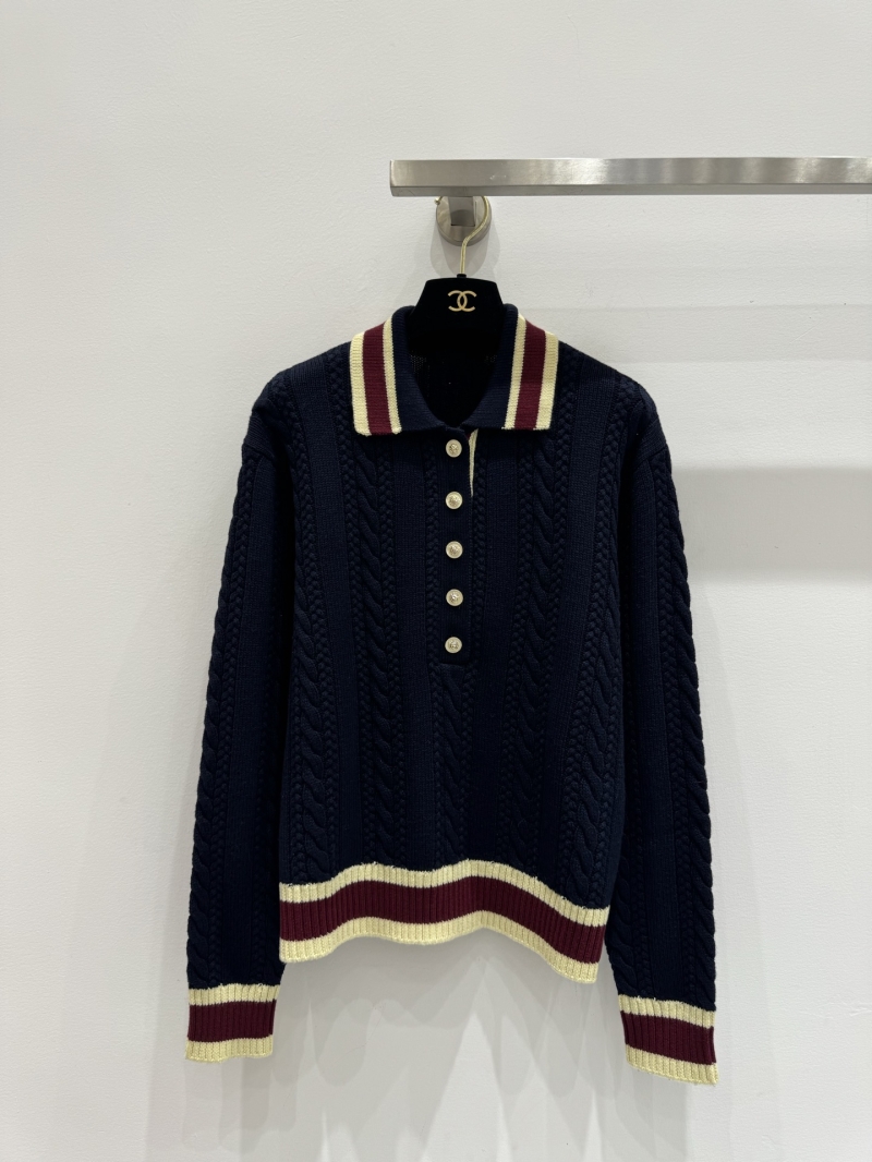 Chanel Navy Blue Cable-Knit Cashmere Polo Sweater with Signature Gold Buttons