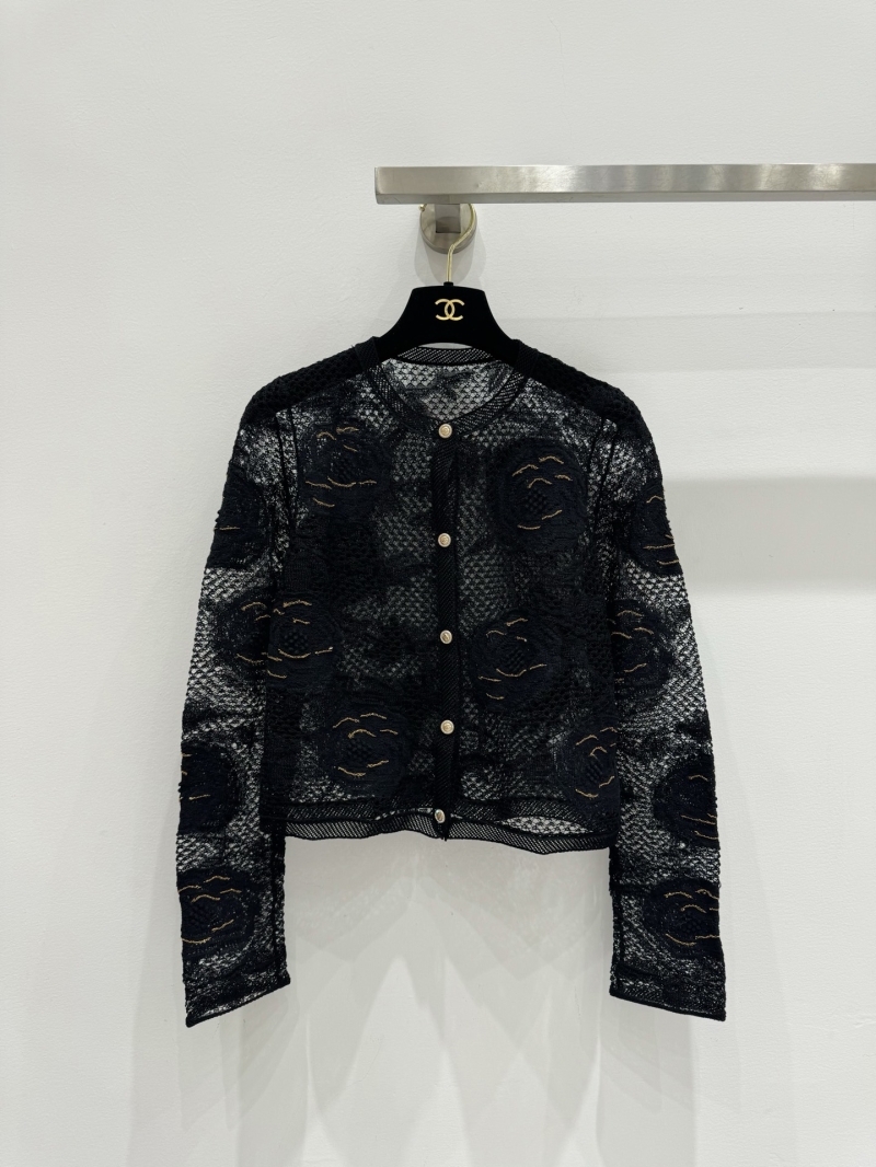 Chanel Camellia Jacquard Openwork Cardigan - Black & Gold Metallic Knit