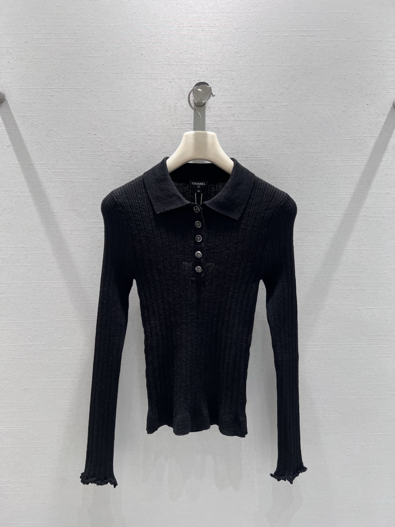 Chanel Signature Ribbed Knit Polo Long-Sleeved Top in Black