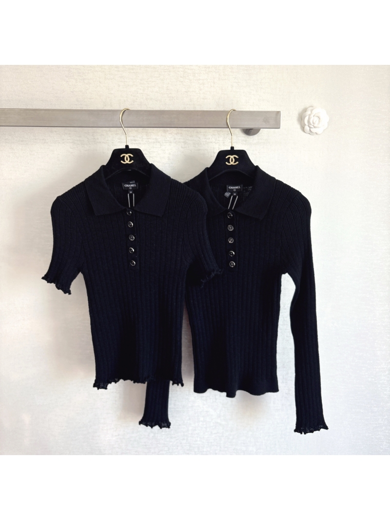 Chanel Signature Ribbed Knit Polo Top in Timeless Black with Ruffled Edges