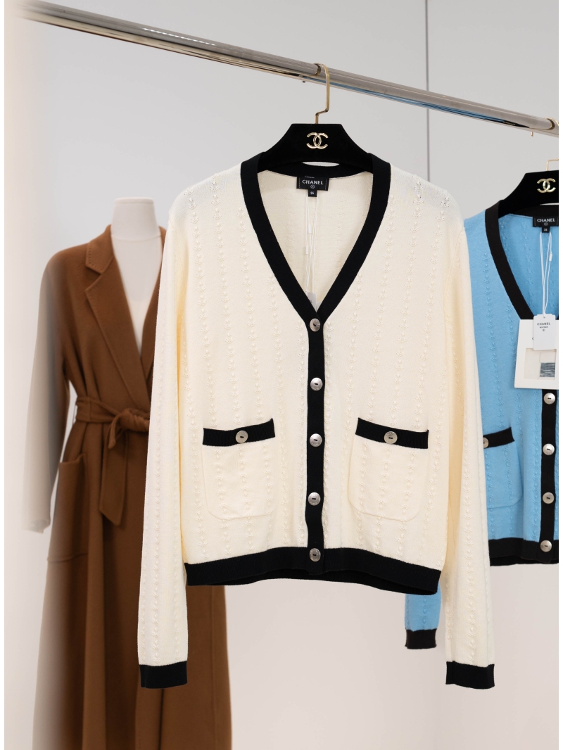 Chanel V-Neck Contrast Trim Knit Cardigan in Cream - Exquisite Logo Buttons