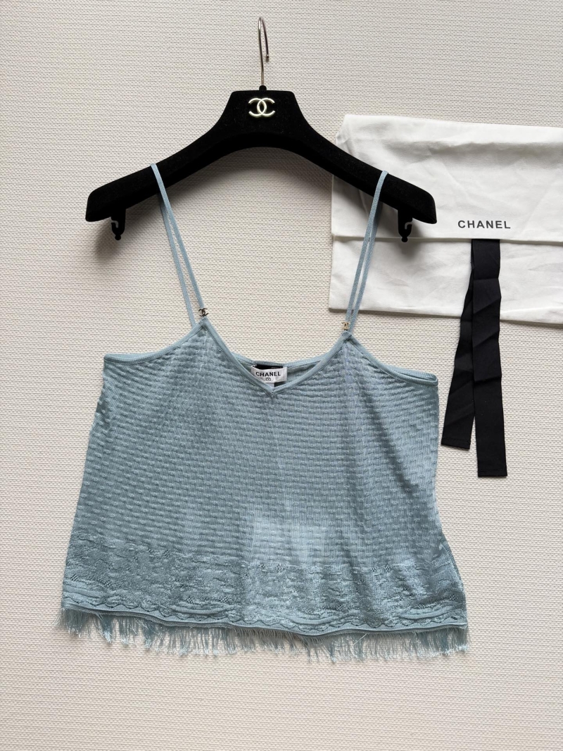 Chanel Textured Knit Camisole Top - Dusty Blue Open-Knit with Eyelash Trim