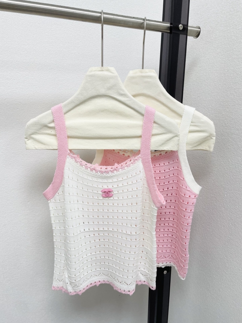 Chanel Pointelle Knit Contrast Trim Camisole - Exquisite CC Logo Scalloped Tank Top in White and Pink