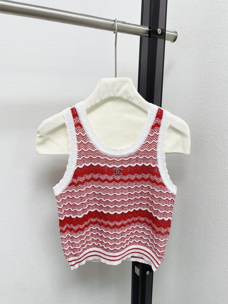 Chanel Wavy Texture Contrast Knit Tank Top - Red/White Lurex Shimmer