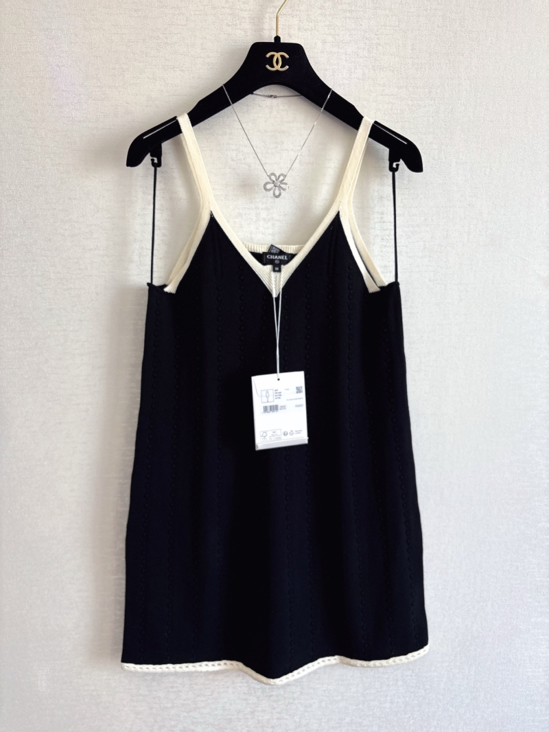Chanel Early Spring Contrast Trim Knit Camisole Dress in Black and Off-White