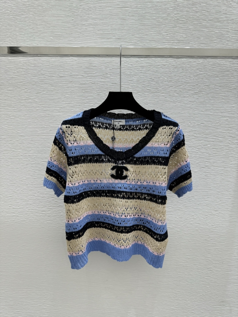 Chanel Signature CC Striped Pointelle Knit V-Neck Top in Sky Blue Multi