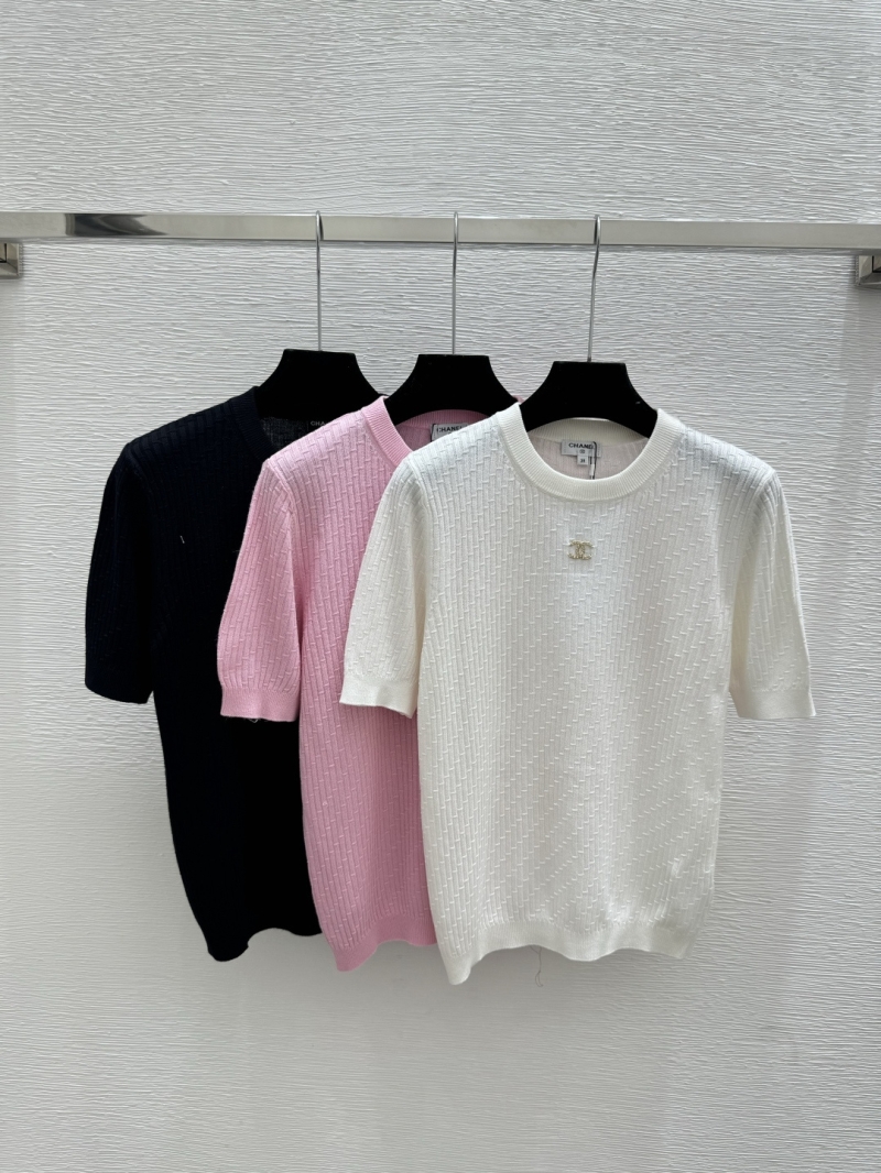 Chanel Signature CC Logo Textured Knit Short-Sleeve Top in Black, Pink, and White
