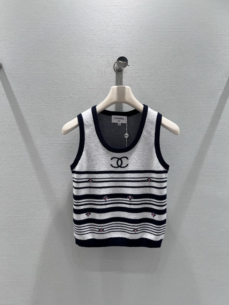 Chanel Striped Knit Tank Top with CC Embroidery and Floral Appliqués in Navy and Cream