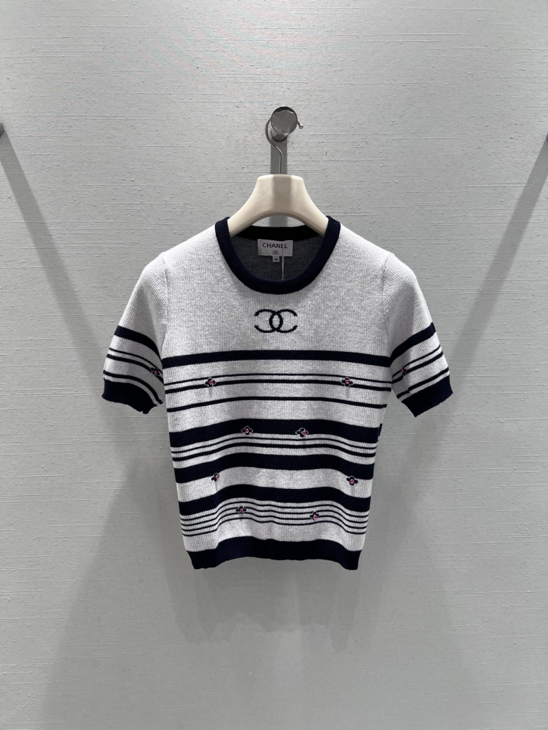 Chanel Striped Knit Short-Sleeve Top - Ivory and Navy with Crystal Floral Embellishments