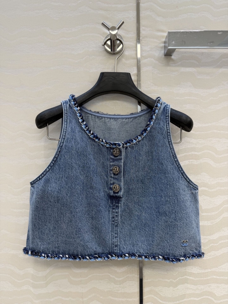Chanel Organic Cotton Denim Artisan Chain-Trimmed Cropped Vest in Vintage Washed Blue