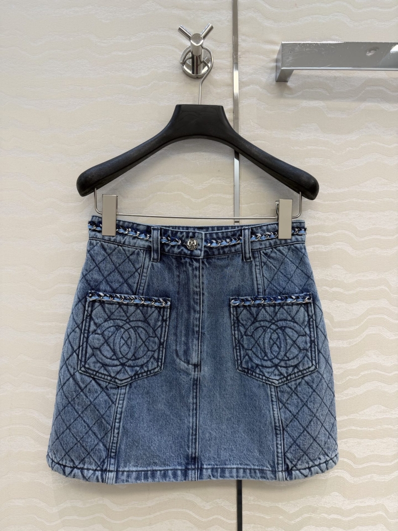 Chanel Vintage Organic Cotton Enzyme Wash Denim Mini Skirt with Hand-Woven Chain Trim