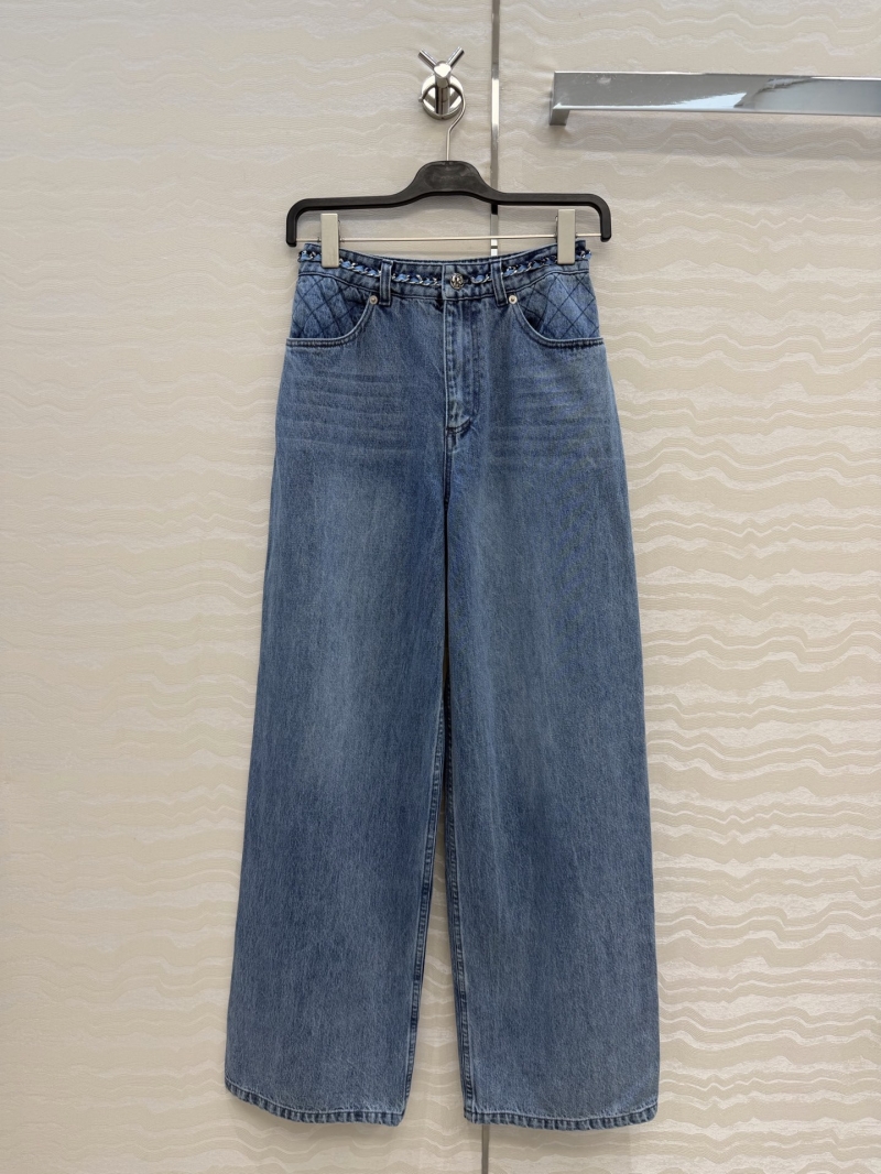Chanel Organic Cotton Vintage Washed Wide-Leg Jeans with Hand-Woven Chain Detail