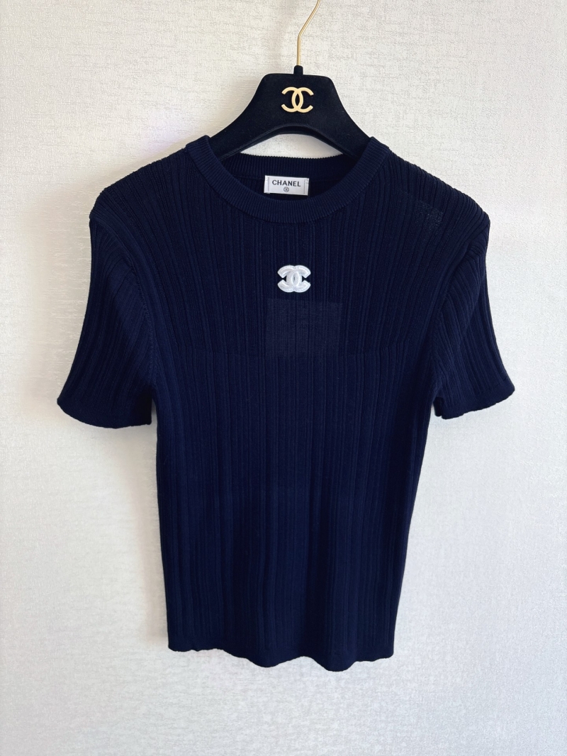 Chanel Signature Ribbed Knit Short-Sleeve Top in Navy Blue