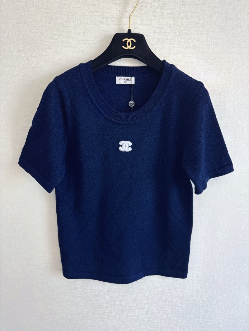 Chanel Diamond-Quilted Knit Short Sleeve Top in Navy Blue