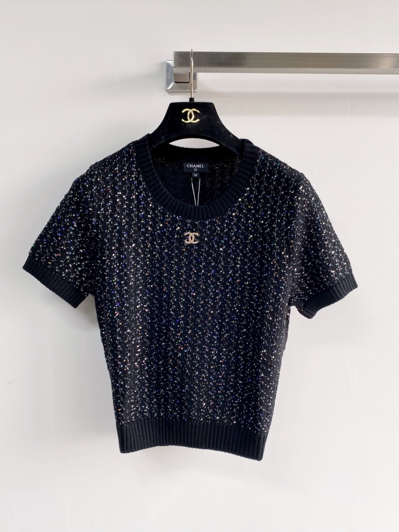 Chanel Sequin-Embellished Iridescent Knit Top in Black with Signature CC Logo
