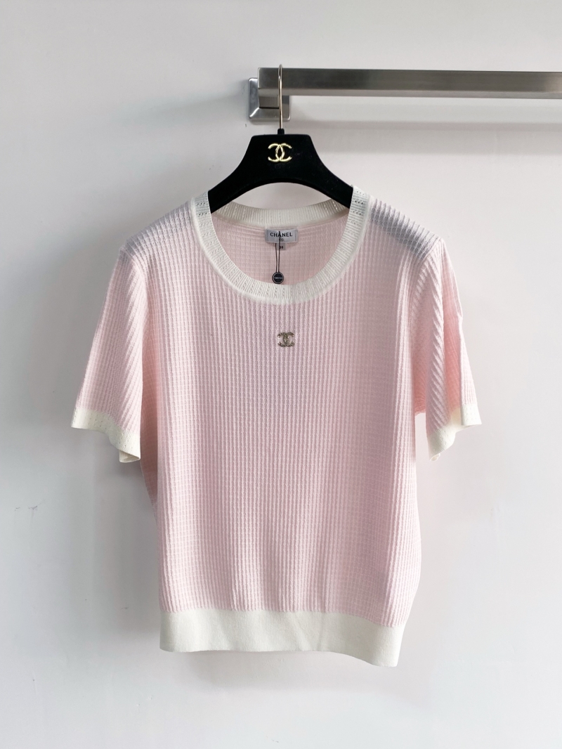 Chanel Ribbed Knit Short-Sleeve Top in Pale Pink with White Trim