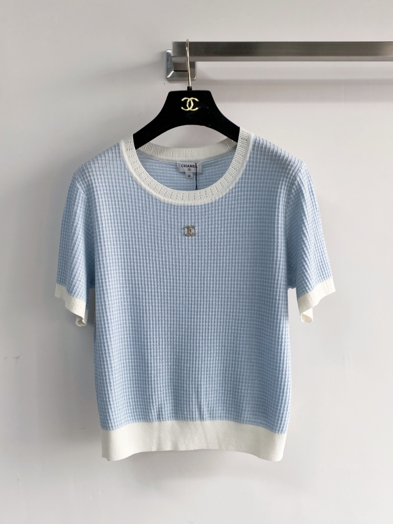 Chanel Signature CC Honeycomb Knit Short-Sleeved Top in Sky Blue