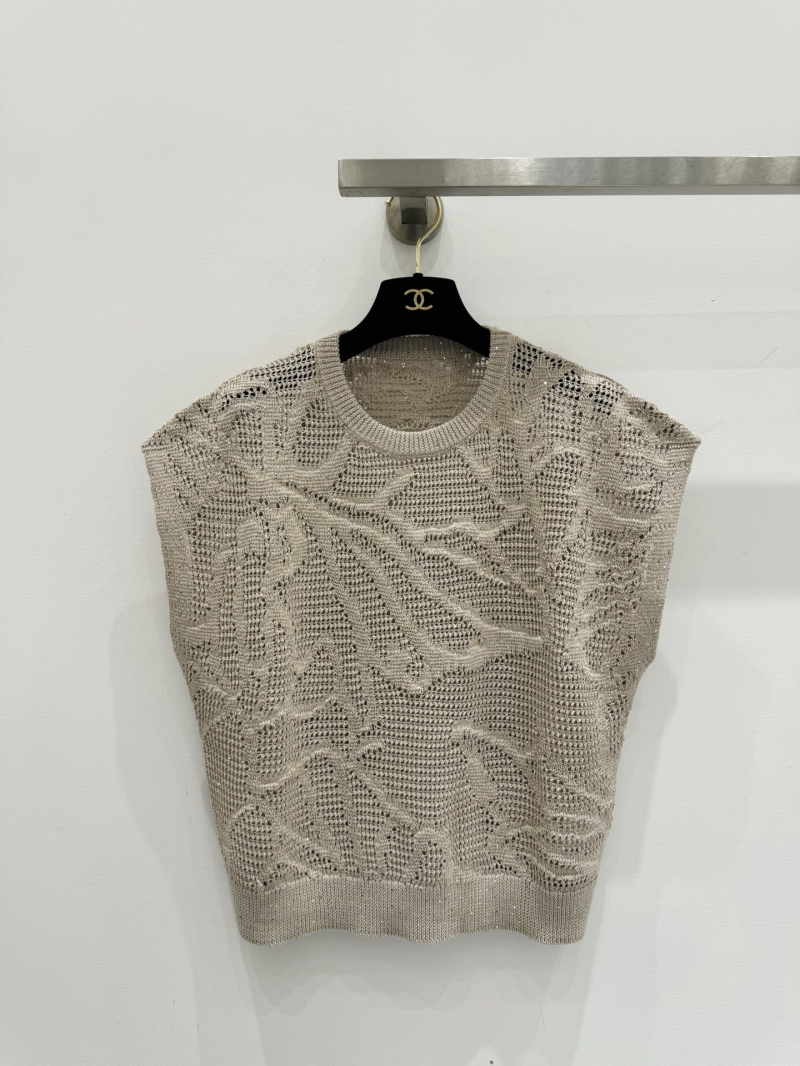 Chanel Shimmering Pointelle Knit Sleeveless Top in Oatmeal Beige