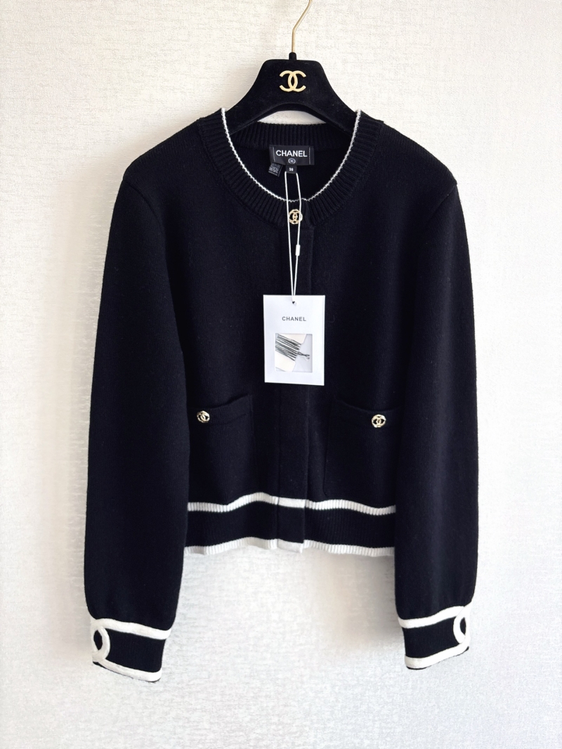 Chanel Signature Striped Cashmere Knit Cardigan in Black with Gold CC Buttons