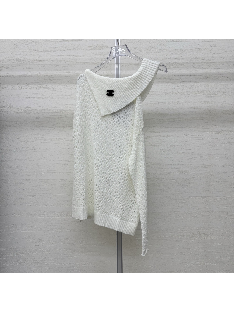 Chanel Asymmetrical One-Shoulder Pointelle Knit Sweater in Ivory