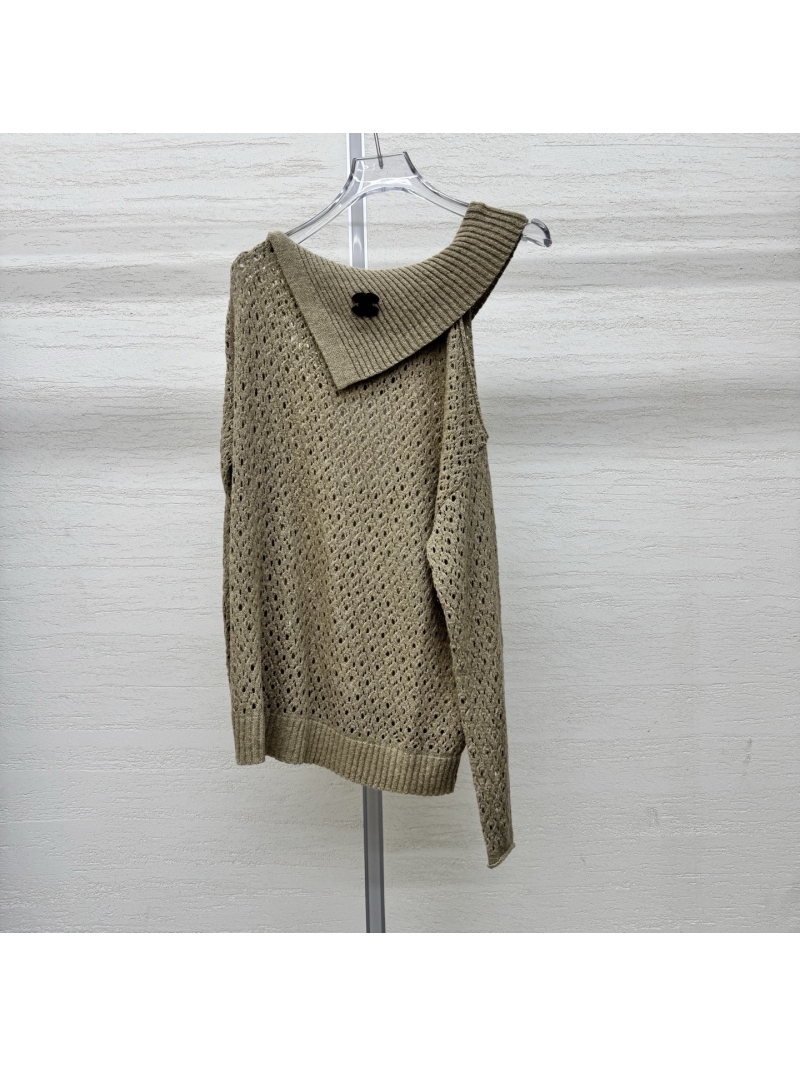 Chanel Asymmetrical Cold-Shoulder Pointelle Knit Sweater in Sage Khaki