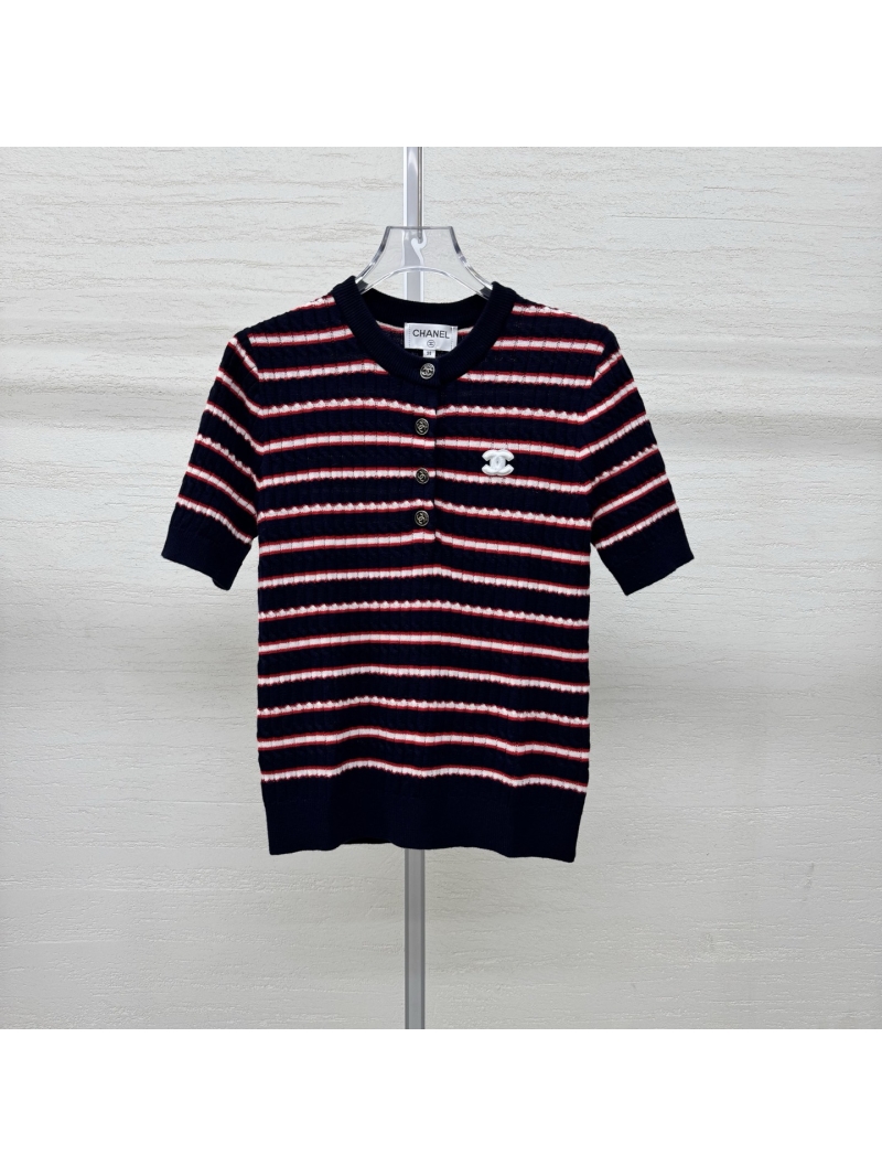 Chanel Striped Ribbed Knit Henley Top in Navy and Red