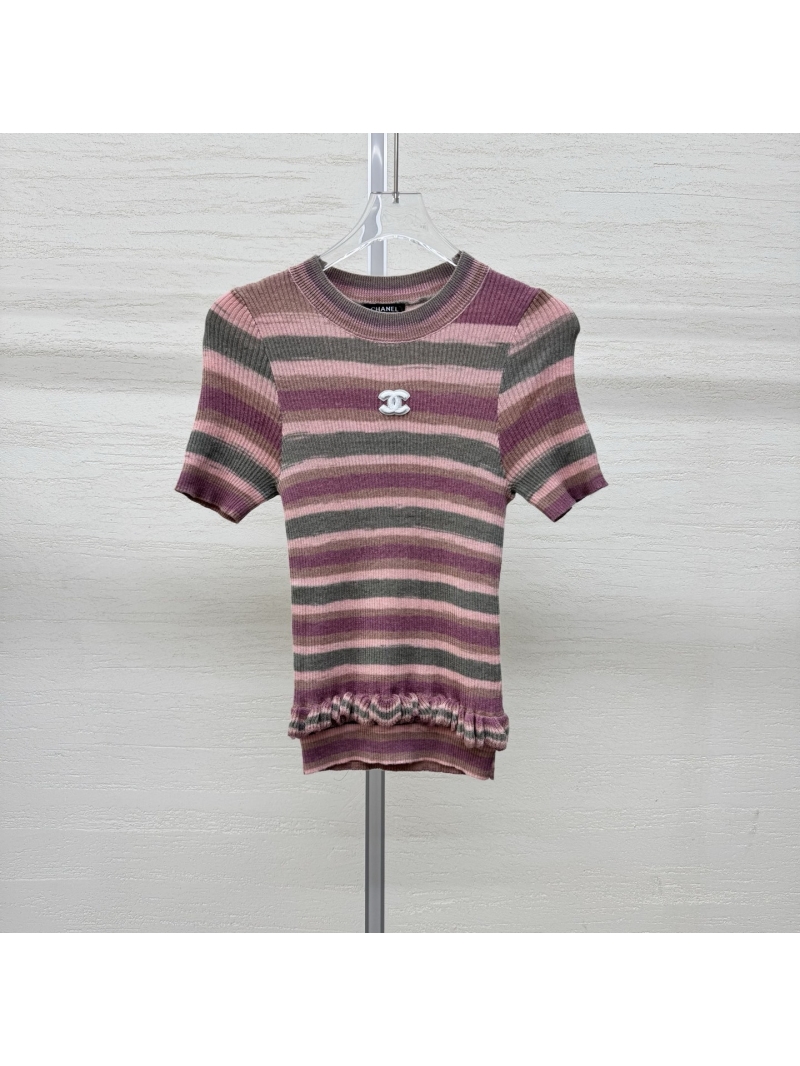 Chanel Striped Knit Round Neck Baby Tee with Ruffled Hem and Signature CC Logo in Gradient Mauve and Rose