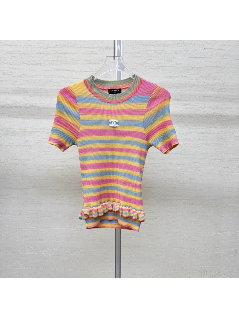 Chanel Signature CC Logo Striped Knit Short Sleeve Top in Vibrant Pastel Gradient
